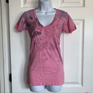 Affliction Archaic Pink v-neck black print small